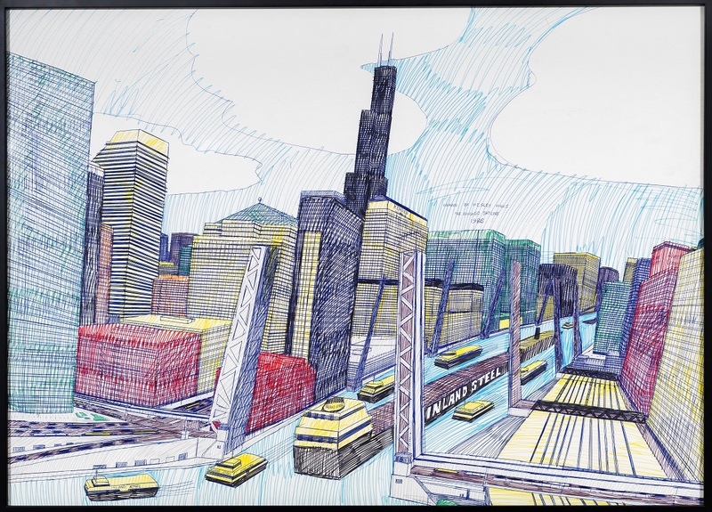 Wesley Willis (American, 1963-2003). The Chicago Skyline, Sears Tower, Chicago River…, 1986. Ballpoint pen and felt tip pen on board, 28 x 42 in. (71.12 x 106.68 cm.)
