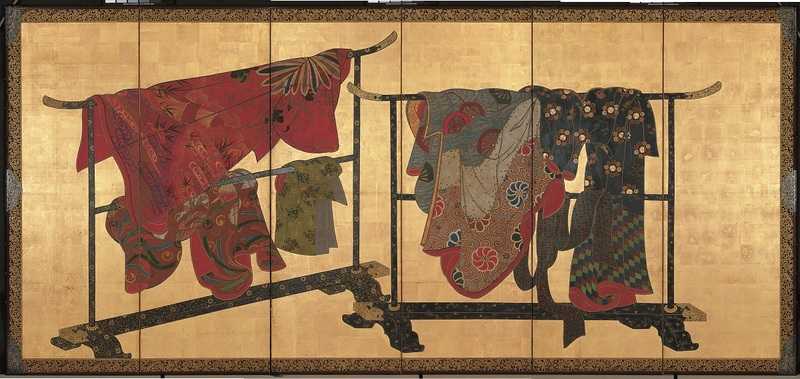 Paravent à six panneaux représentant des kimonos suspendus (tagasode)